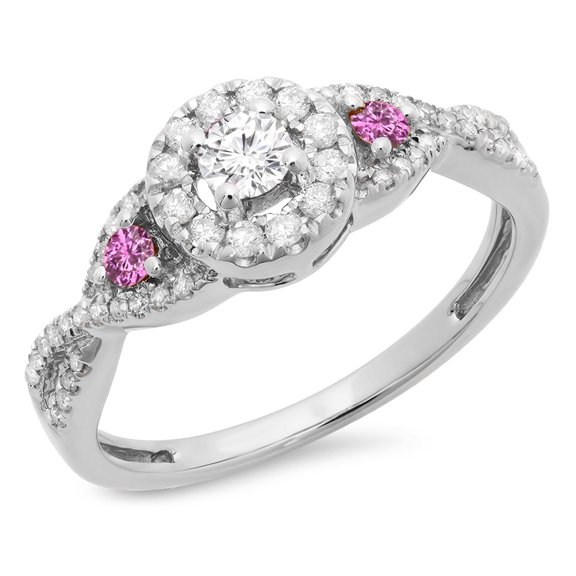 Dazzlingrock Collection 10K Round Pink Sapphire & White Diamond 3 Stone Swirl Halo Bridal Engagement Ring, White Gold, Size 8.5