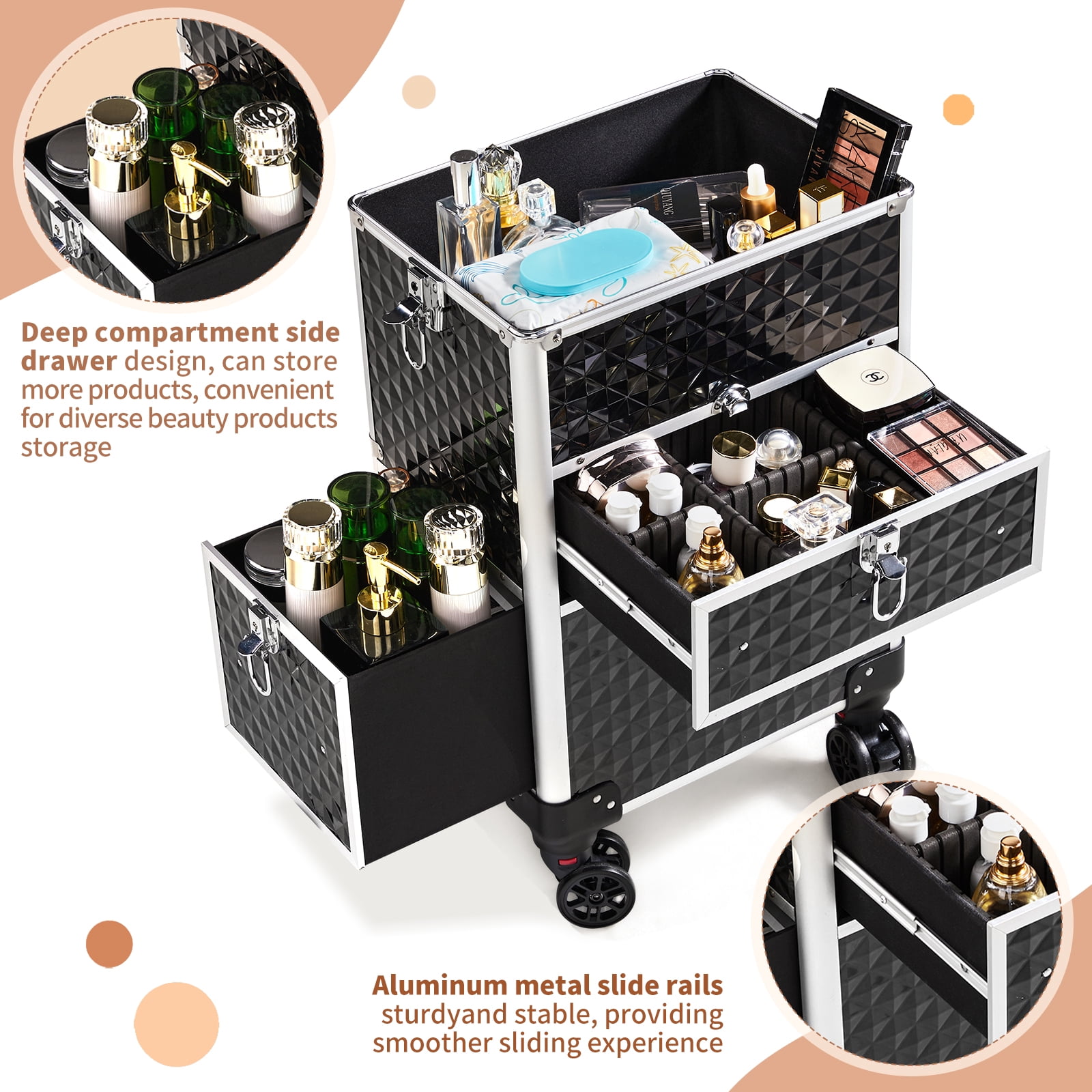 Cosmetic Case 2-in-1 Sliding Suitcase with Rails Detachable Caster Wheel Storage Box, Black 13.39*9.45*28.54in