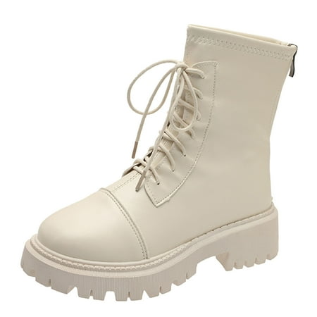 

Fsqjgq Rain Boots for Women Cat Fashion Women s Shoes British Style Leather Lace Up Back Zipper Solid Casual Boots Men Leather Boots with Side Zipper Beige 38