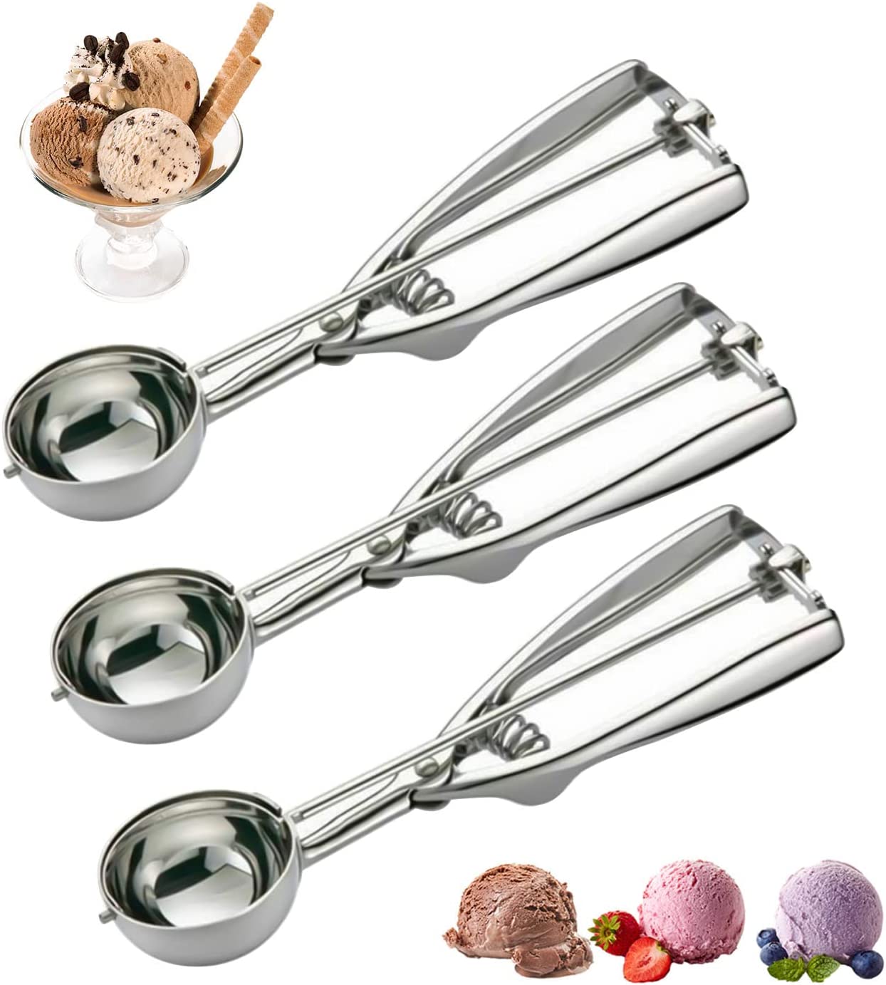 Ice Cream Scoops 3Pcs, Stainless Steel Ice Cream Scoop Set with Trigger