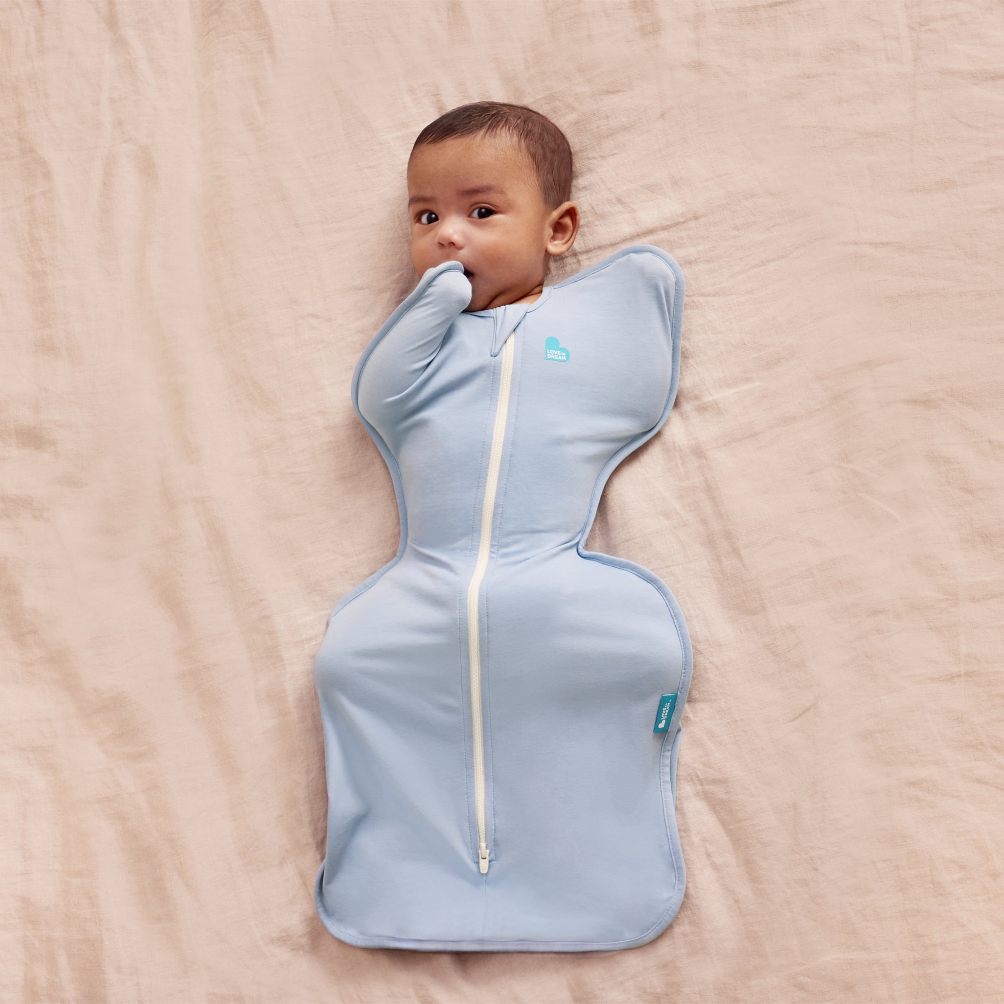 Love to Dream Swaddle Up LITE Cotton 0.2 TOG Baby Sleep Sack, Arms Up Design, Twin Zipper, Small 8-13 lbs, Light Blue