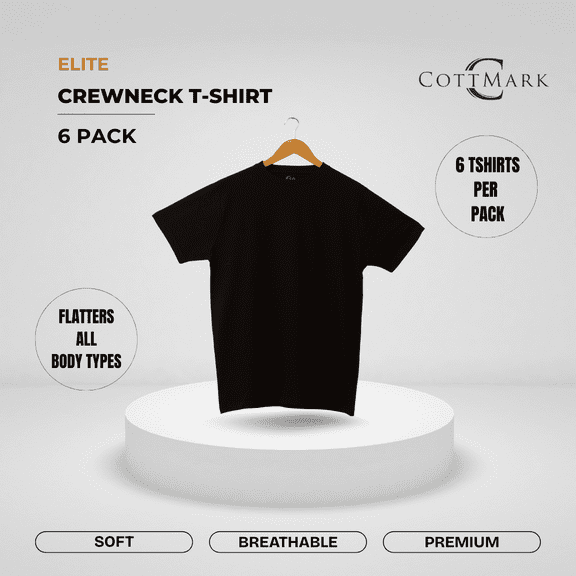 Elite by Cottmark Men’s Crew Neck Premium Soft T-Shirt, Black, Size L, 6-Pack
