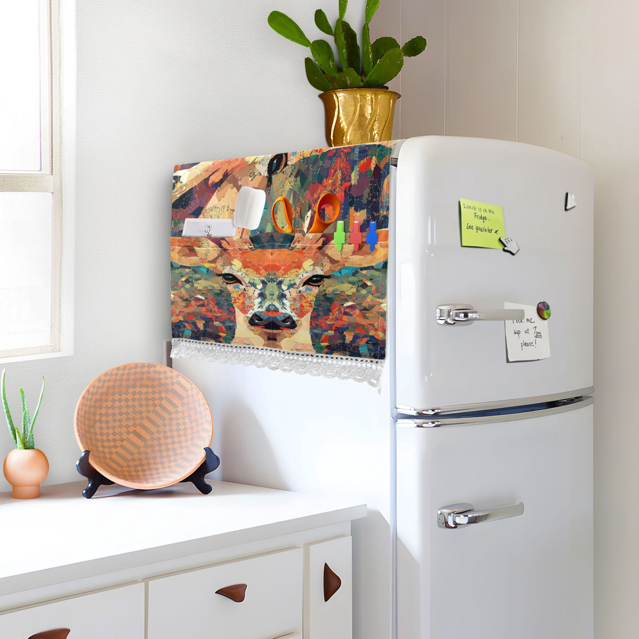 Deer MuzzleWasher and Dryer Covers Dust-Proof and Oil Resistant Fridge Cover with 4 Storage Pockets Washing Machine Top Cover for Laundry Kitchen Home 51.2 x 22 In