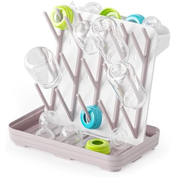 Baby Bottle Drying Rack with 20 Hooks, Space Saving Kitchen Bottles Rack Dryer, Vertical Baby Bottle Holder Organizer for Countertop Storage Accessories (White and Taupe)
