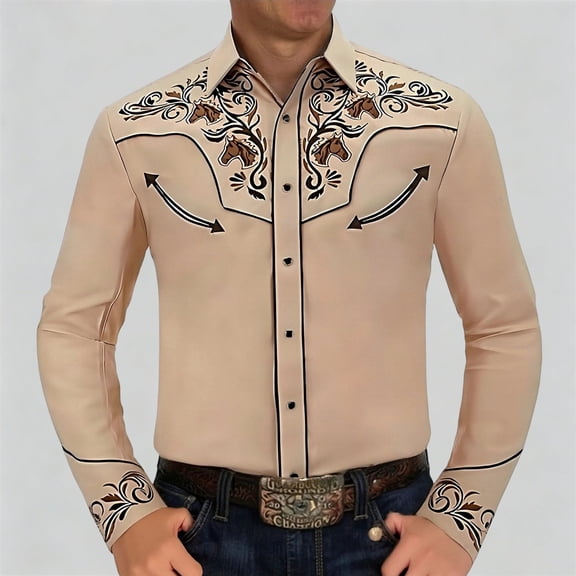 Western Cowboy Long Sleeve Shirts for Men Embroidered Button Down Tops Slim Fit Casual Khaki XL
