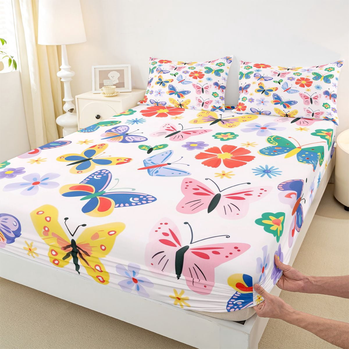 Homewish Cute Butterfly Twin Sheet Sets,Kawaii Colorful Floral Twin Fitted Sheet,Bohemian Style Flat Sheet For Girls Teens,Luxury Bedroom Decor,3-Piece