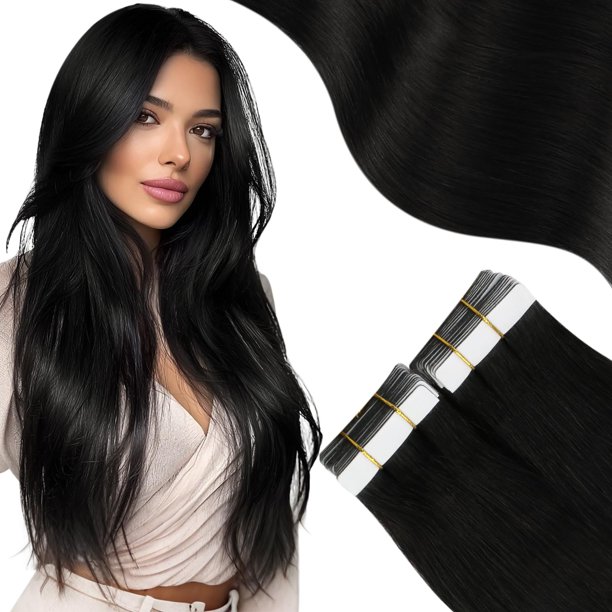 Moresoo Extensiones de cabello con cinta negra, cabello humano, extensiones de cabello negro natural, cinta en cabello humano real, pegamento invisible en extensiones, cabello Remy de 14 pulgadas # 1B