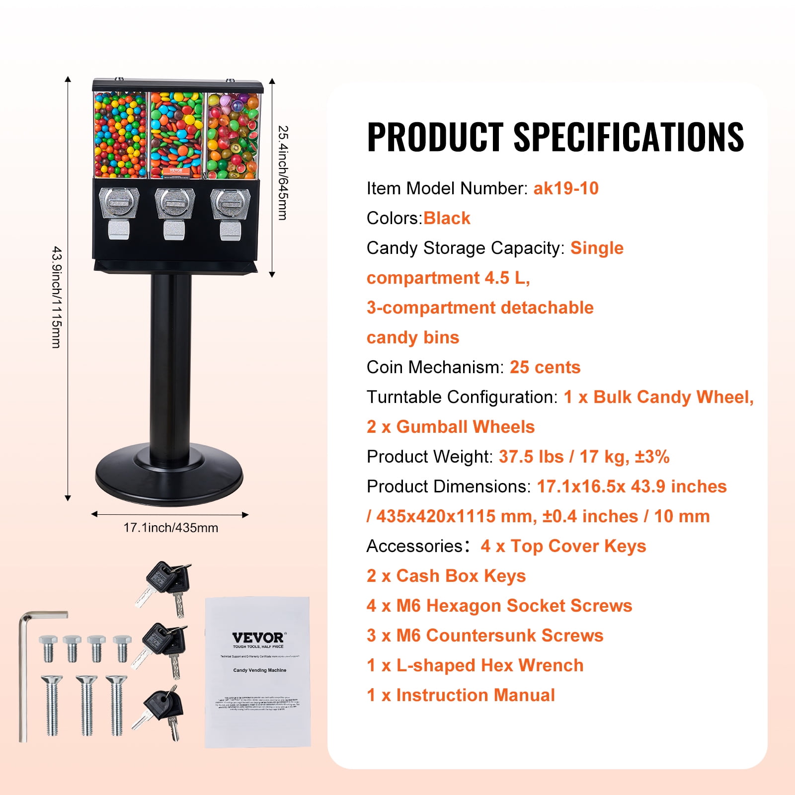 VEVOR Commercial Vending Machine, Triple Compartment Candy Dispenser with Iron Stand, Gumball and Candy Machine for Business,Coin Operated Gumball Bank for Toy Capsules Bouncy Balls Candy Nut,Black