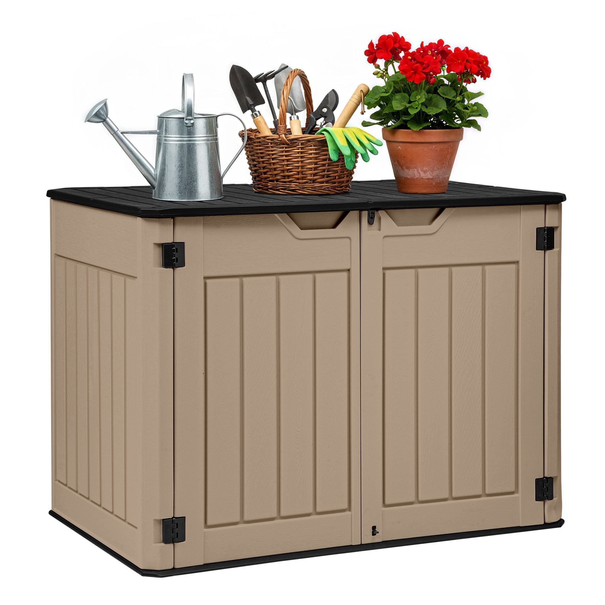 Uforic Large Outdoor Storage Shed, 47 Cu Ft Resin Tool Shed Without Shelves, Waterproof Storage with Built-In Floor for Trash Cans, Garden Tools and Lawn Mowers, Lockable Design, Brown + Black