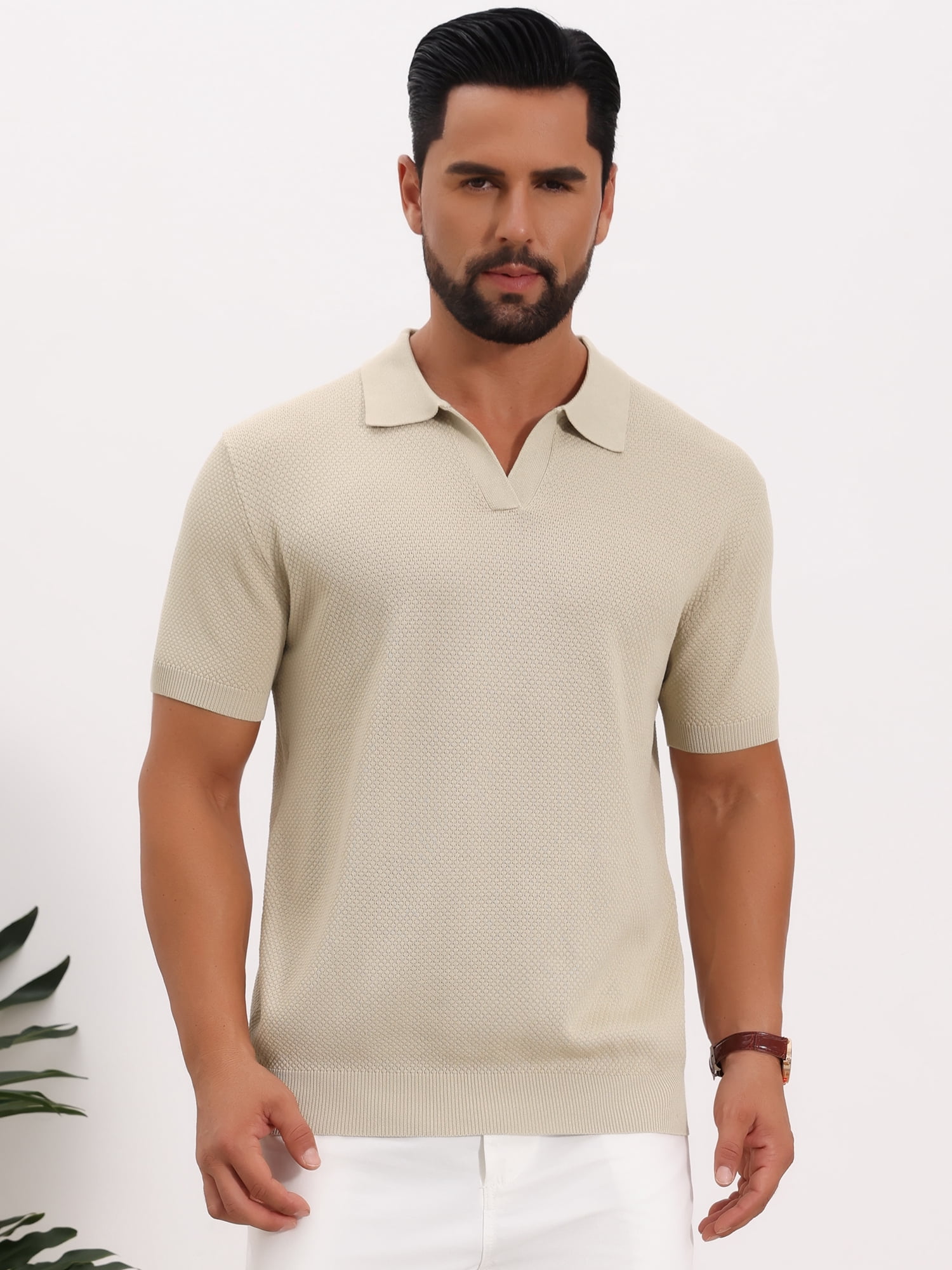 DARING DIVA Men's Textured Knit V Neck Short Sleeve Casual Golf Polo Shirt 2XL Beige