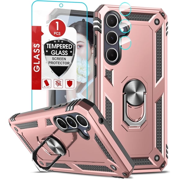 for Samsung A35 Case with Screen Protector and Camera Lens Protector, for Women, Military-Grade Shockproof Magnetic Ring Kickstand Case for Galaxy A 35 5G, Rose Gold