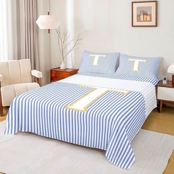 Feelyou Initial T Letter Twin Sheet Sets for Kid, Fashion Stripes Ombre Twin Fitted Sheet, Fairy Tale Princess Flat Sheet, Lightweight Room Decor, 3pcs