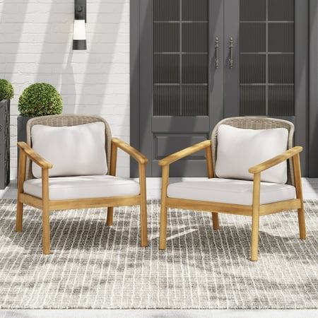 Louisa Farmhouse Outdoor Patio Woven Rope Club Chairs, Armchairs with Solid Wood Frames and Cushions, Beige, Set of 2