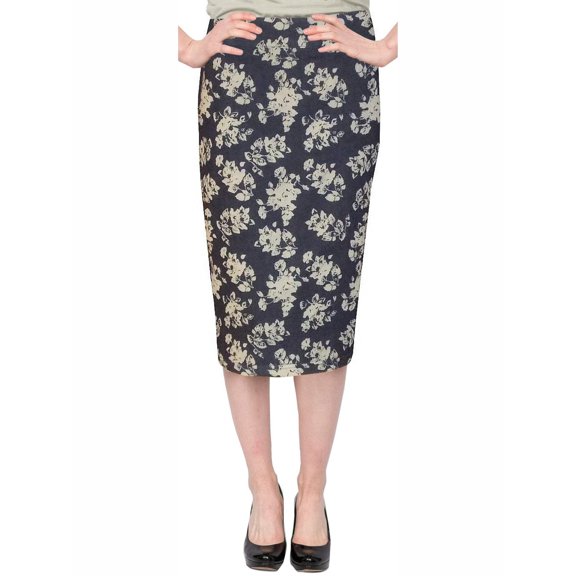 Women's Below The Knee Stretch Denim Floral Print Pencil Skirt
