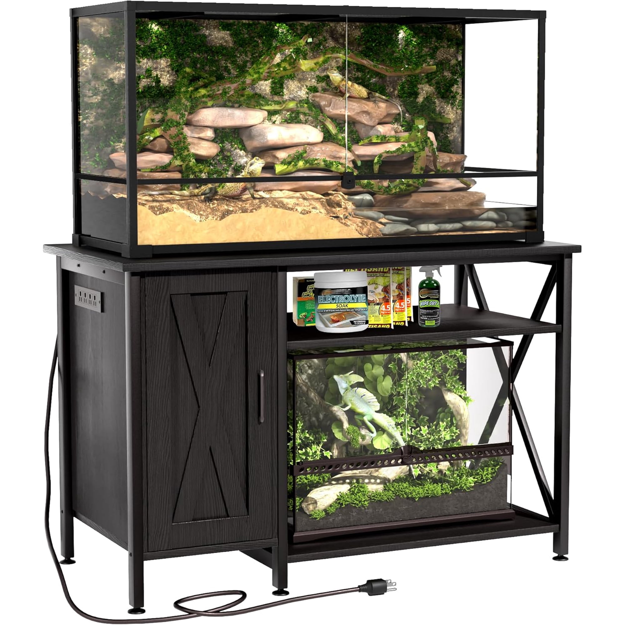 120 Gallon Reptile Tank Stand, 4x2x2 Reptile Enclosure Stand, with Storage Cabinet and Power Outlet, for Bearded Dragons, Snakes, Lizard Terrarium Black PG08XYB
