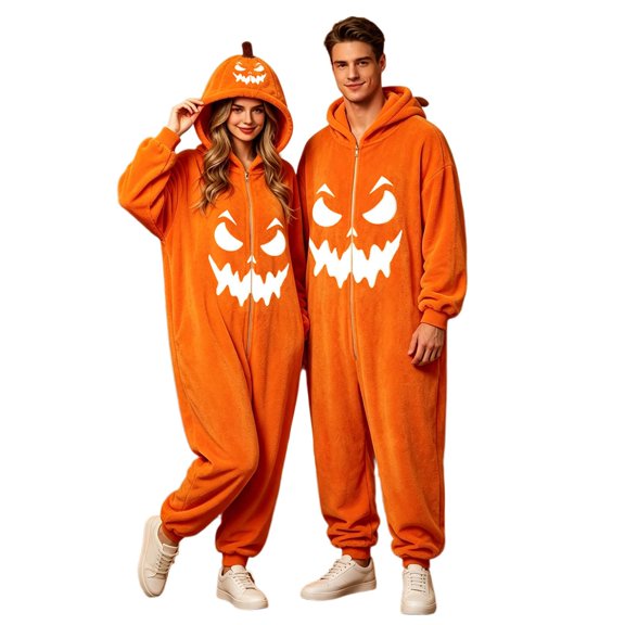 Curuila Halloween Adult Jumpsuit Hooded Hallowmas Pumpkin Flannel Pajamas For Women And Men Party Fashion Sleepwear Jumpsuit Size L