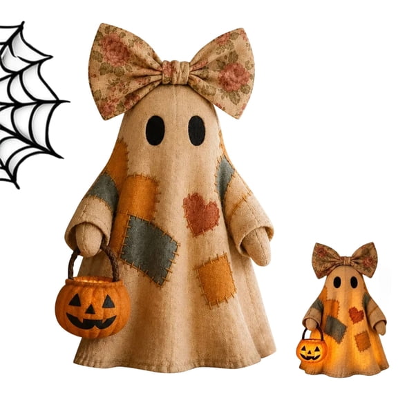 Lighted Vintage Patchwork Ghost, LED Light Up Resin Ghost Lamp with Witch Hat, Luminous Ghost Figurine Rustic Fall Halloween Decor Statue for Mantel, Shelf, Entryway & Porch,1 PCS