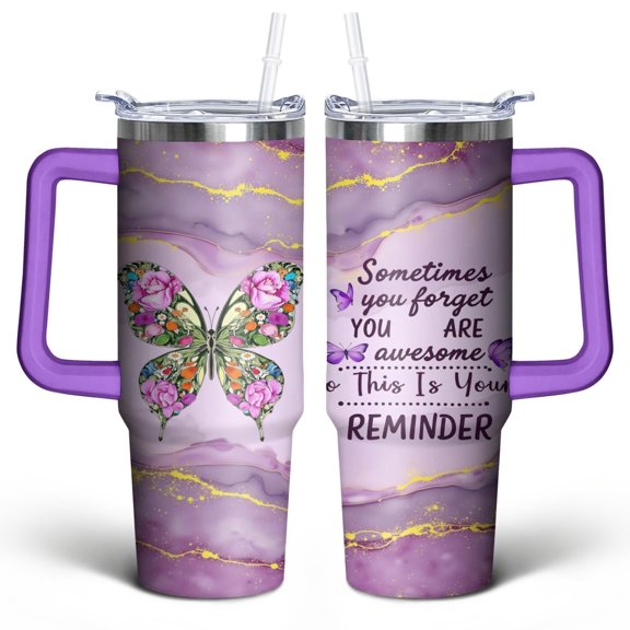 Purple Butterfly 30 Oz Tumbler with Handle Lid and Straw, Stainless Steel Double Walled Vacuum Insulated Cup, Cute Anniversary Wedding Birthday Gifts Tumbler for Women Men Friends Outdoor Indoor