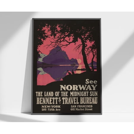 Vintage Norway Travel Poster For American Tourists, Pink Sky Midnight Sun, Poster Only