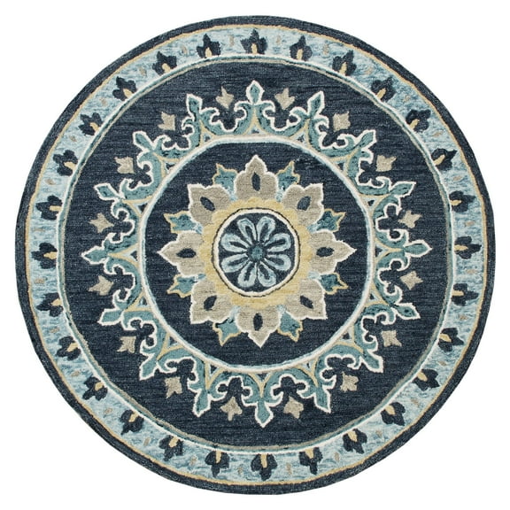 Laddha Home Designs 7' Blue and Yellow Floral Medallion Hand Hooked Round Area Throw Rug