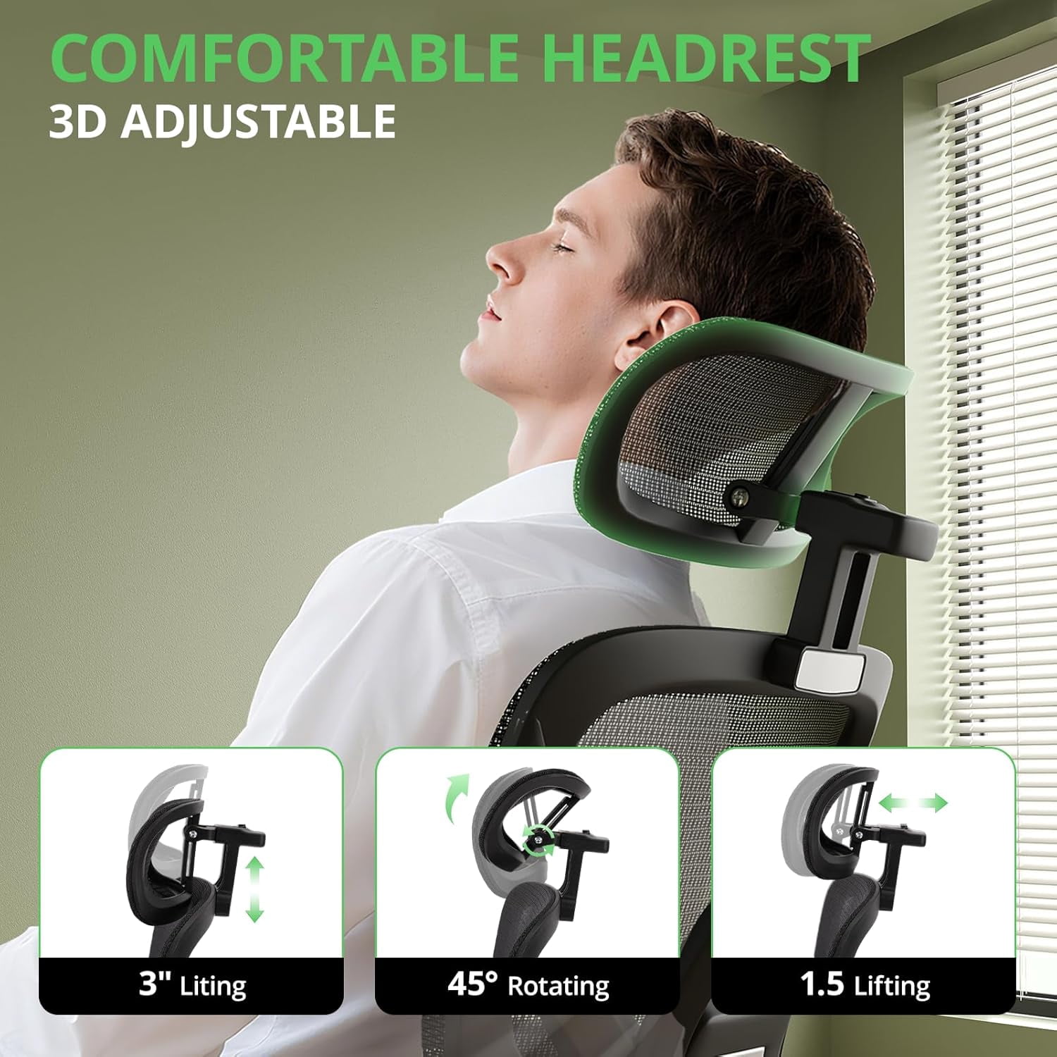 SELOOYE Ergonomic Office Chair with Footrest, Mesh Desk Chair with 135° Recline, Adjustable Lumbar Support, 3D Armrests and Headrest, Swivel Computer Chair for Home Office