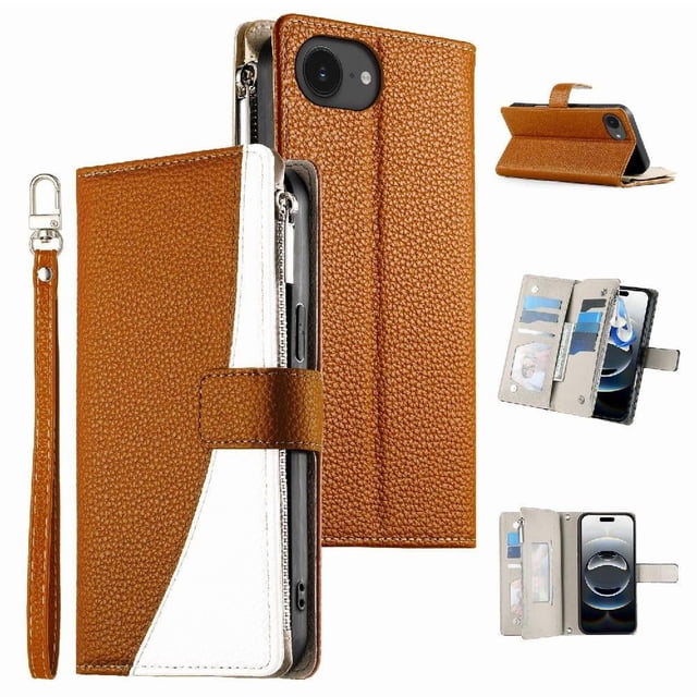 Funda cartera GANGXUN para iPhone 16e , cuero PU con tarjetero, cremallera, correa de mano, soporte y protección 986°
