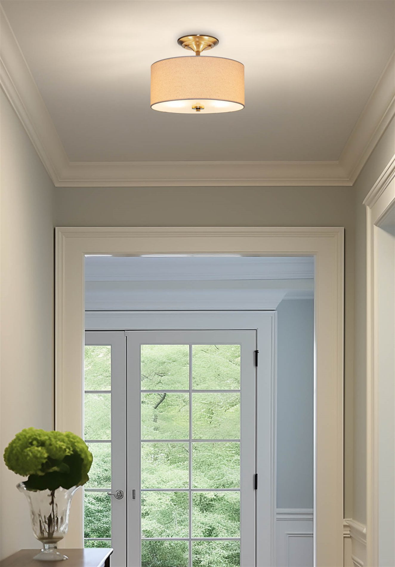 Kira Home Addison 13" Modern Drum Semi Flush Mount with Off-White Fabric Drum Shade, 2-Light Ceiling Light, Cool Brass