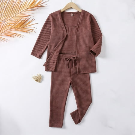 

Geire Children 3 Piece Fall Loungewear Pajamas Waffle Solid Knit Camisole + Long Sleeve Cardigan Top + Pants with Drawstring Robe Pajama Set