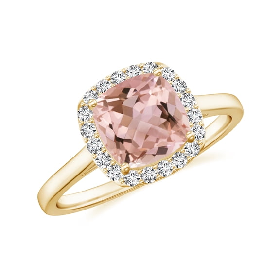 Natural Cushion Shaped Morganite Halo Engagement Ring with Moissanite in Yellow Gold Plated/ 925 Sterling Silver| Teardrop Birthstone, Birthday, Anniversary, Wedding Jewelry, Ring Size 5