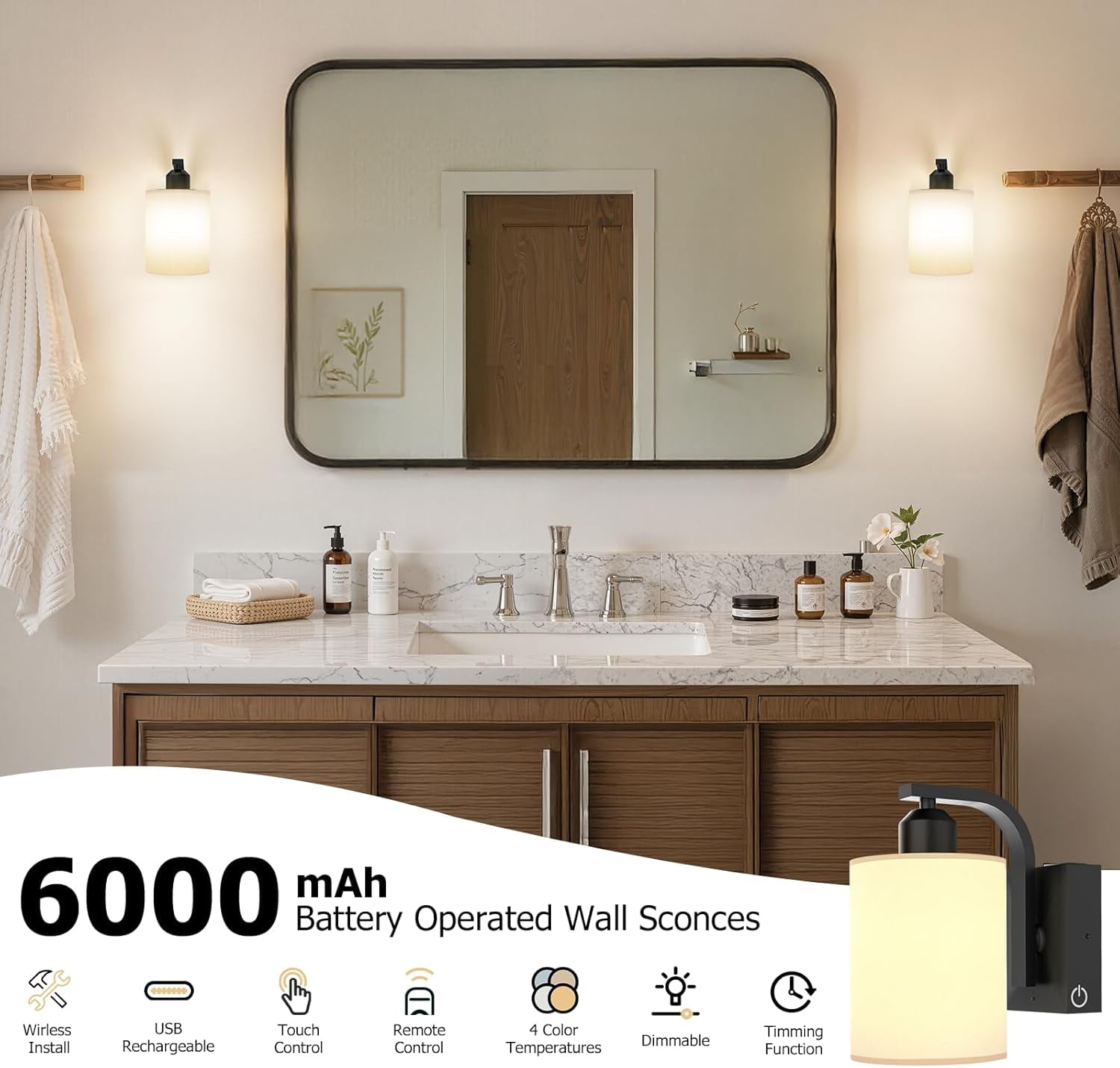 RGHJAR-1 Pack Battery Operated Wall Sconces Lights: 6000mAh Rechargeable Wall Lights with Remote Control, Dimmable LED Wall Lamp Indoor, Black Wireless Scone Lighting for Bedroom Living Room Bathroom