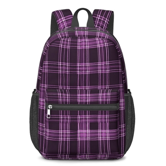 Purple and Black Checkered Pattern 17" School Backpacks for Teens,Waterproof Oxford Fabric,S-Shape Padded Straps for School,Travel,Hiking,Camping