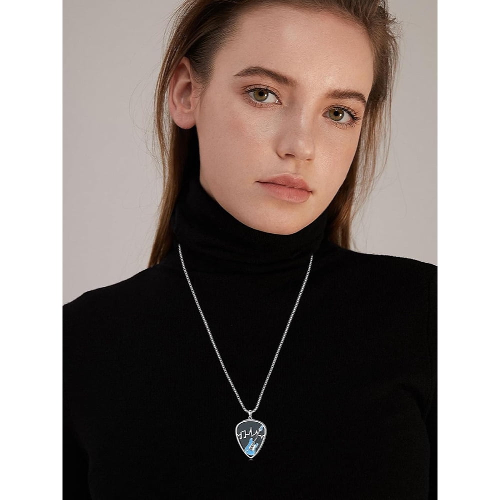 CACA LADY Black Guitar Pick Holder Necklace Sterling Silver Soundwave Pendant Holder with Music Note Pendant Jewelry for Musicians and Music Lovers, Blue