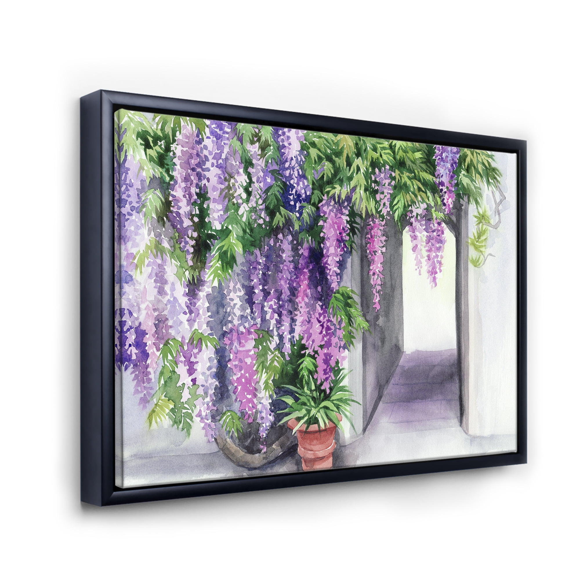 Purple Wisteria Blossom 20 in x 12 in Framed Painting Canvas Art Print, by Designart