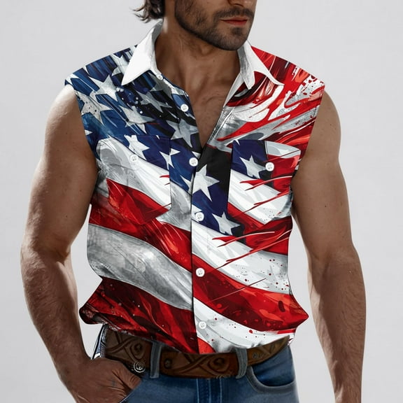cllios Mens 4th of July Shirts American Flag Stars and Stripes Graphic T-Shirts Button Down Casual Patriotic Tank Top 4th of July T Shirts for Men