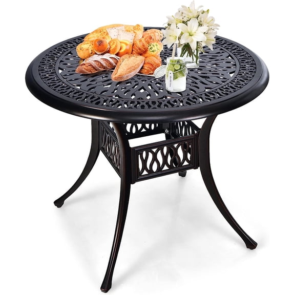 DEGUO 35.43 Inch Outdoor Dining Table, Round Cast Aluminum Patio Dining Table with Umbrella Hole, Weather-Resistant Patio Bistro Table for Backyard, Garden, Poolside