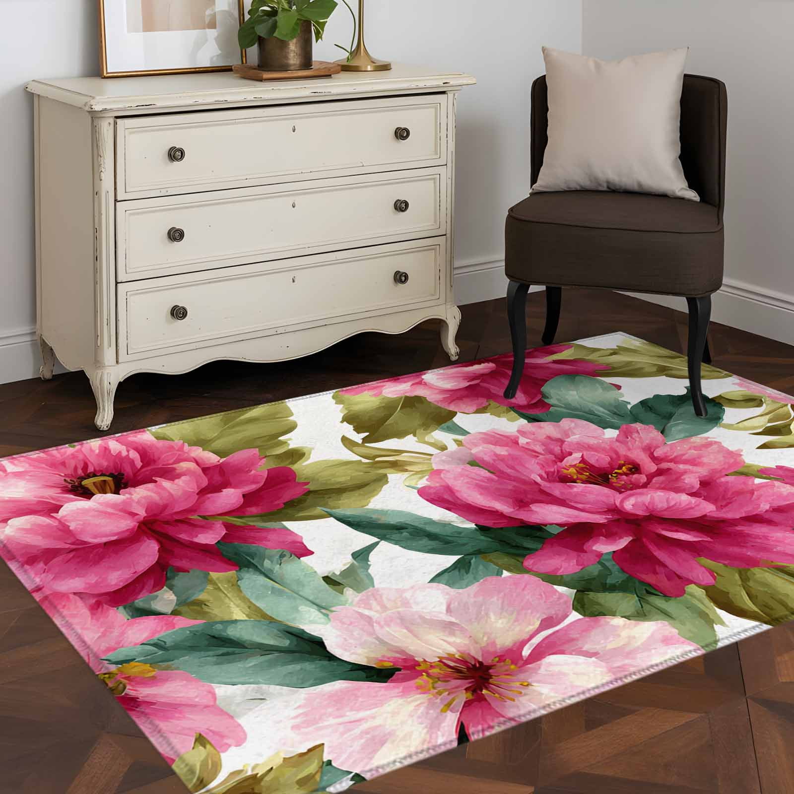 Pink Floral Area Rugs 4'x6', Washable Small Throw Rugs for Office Bathroom, Watercolor Flowers Leaves Plants Watercolor Indoor Outdoor Rug Non-Slip Low Pile Carpet Runner Reversible Floor Mats