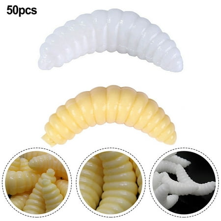 50Pcs Fishing Lure Lifelike Worm Maggot Grub Soft Bait Silicone Artificial Bait Yellow