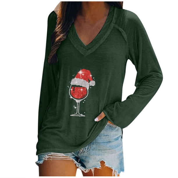Camiseta de manga larga con estampado navideño informal con cuello en V para mujer a la moda Fridja FKASFK3638
