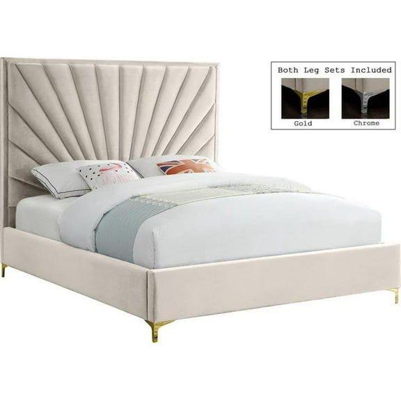 Maklaine Contemporary Solid Wood and Velvet Queen Bed in Cream