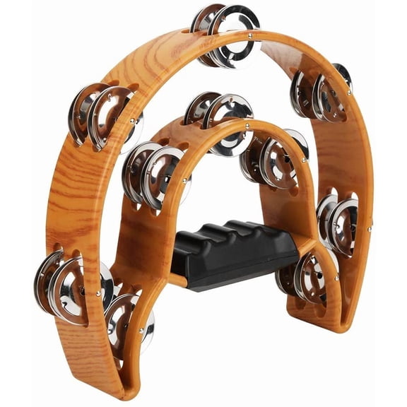 CATPAN Sturdy Wooden-Style Tambourine with Double Row Jingles & Comfort Grip - Percussion Instrument