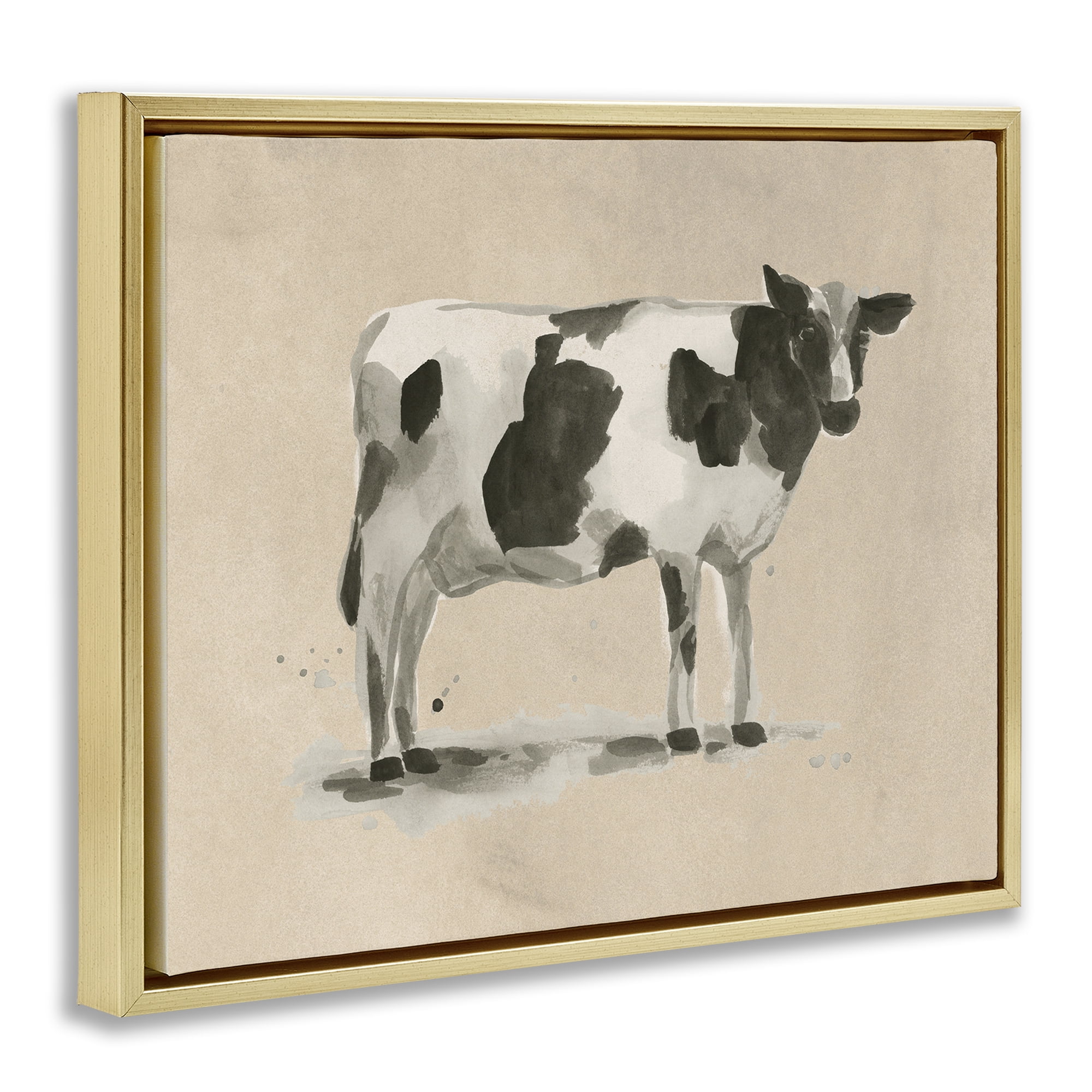Stupell Industries Traditional Cow on Beige Animals & Insects Painting Gold Floater Framed Canvas Art Print Wall Art, 31 x 25
