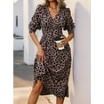 thumbnail image 6 of Women's Leopard Surplice Long Sleeve Midi Dress with Waist Tie featuring wrap style 96% polyester 4% elastane, 6 of 8