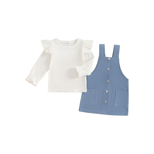 Gupgi Fall Outfit Toddler Baby Girl Ribbed Ruffle Long Sleeve Tops Sweater Corduroy Suspender Dress