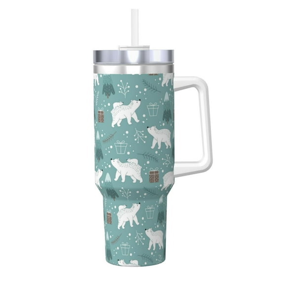 Uemuo whiter Snow bear Print Print 40oz Ice Bully With Handle And Straw Stainless Steel Vacuum Insulated Cup And 2 In 1 Straw Lid Insulated Travel Tumbler