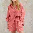 thumbnail image 2 of Bixock Women's 2 Piece Casual Set,Short Sleeve Shirt Shorts Outfits,Lapel Collar Long Sleeve Top Linen Solid Outfit Set, 2 of 5