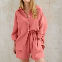 BLTIBY 2 Piece Sets for Women Summer 2025 Long Sleeve Waffle Lapel Button Up Shirts Wide Leg Shorts Set Lightweight Outfits with Pockets Orange L