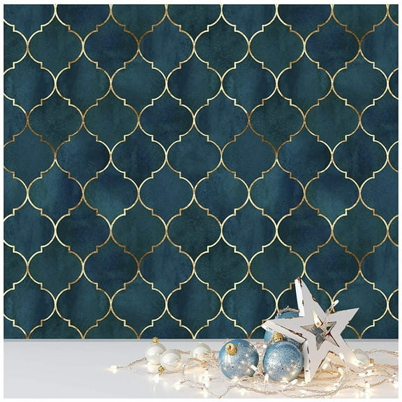 Peel and Stick Wallpaper Graphic Trellis Sapphire Blue/Gold Removable contactpaper for Home Bathroom Decorations 17.7in x 118in