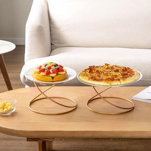 Modern Gold Tone Metal Wire  Pizza Pan Pedestals, Tabletop Serving Platter Riser Stands, Food Dish Rests or Dessert Tray Display Racks, Set of 4
