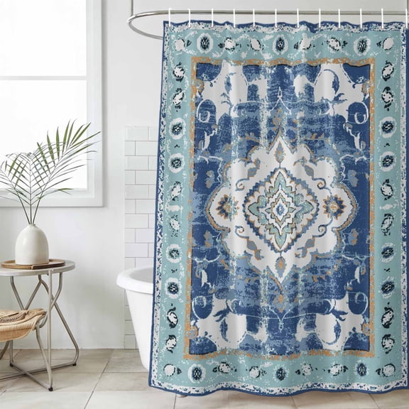 Blue Boho Waterproof Fabric Shower Curtain,Farmhouse Bohemian Medallion Oriental Flower Waterproof Fabric Shower Curtain for Bathroom Curtains Bathtubs Shower Curtains with 12 Hooks Small 36x72in