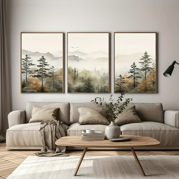 Set of 3 Art Deco Modern Minimalist Fall and Spring Landscape Canvas Art Prints, Abstract Nature Forest and Mountain Wall Decor, Chinese Pine Tree Ink Wash Painting Posters for Living Room, Bedroom,